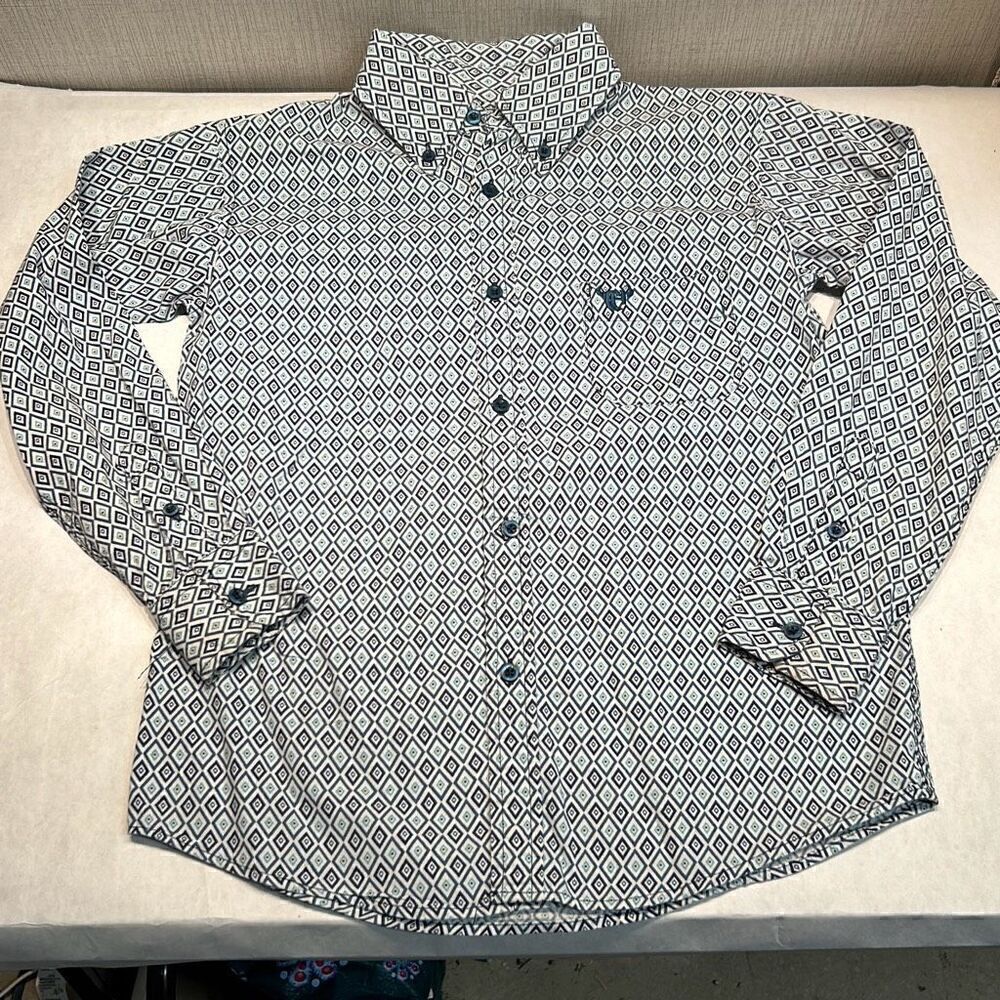 Cowboy Hardware Boys Button Down Shirt Size Medium 7/8 Long Sleeve White Blue